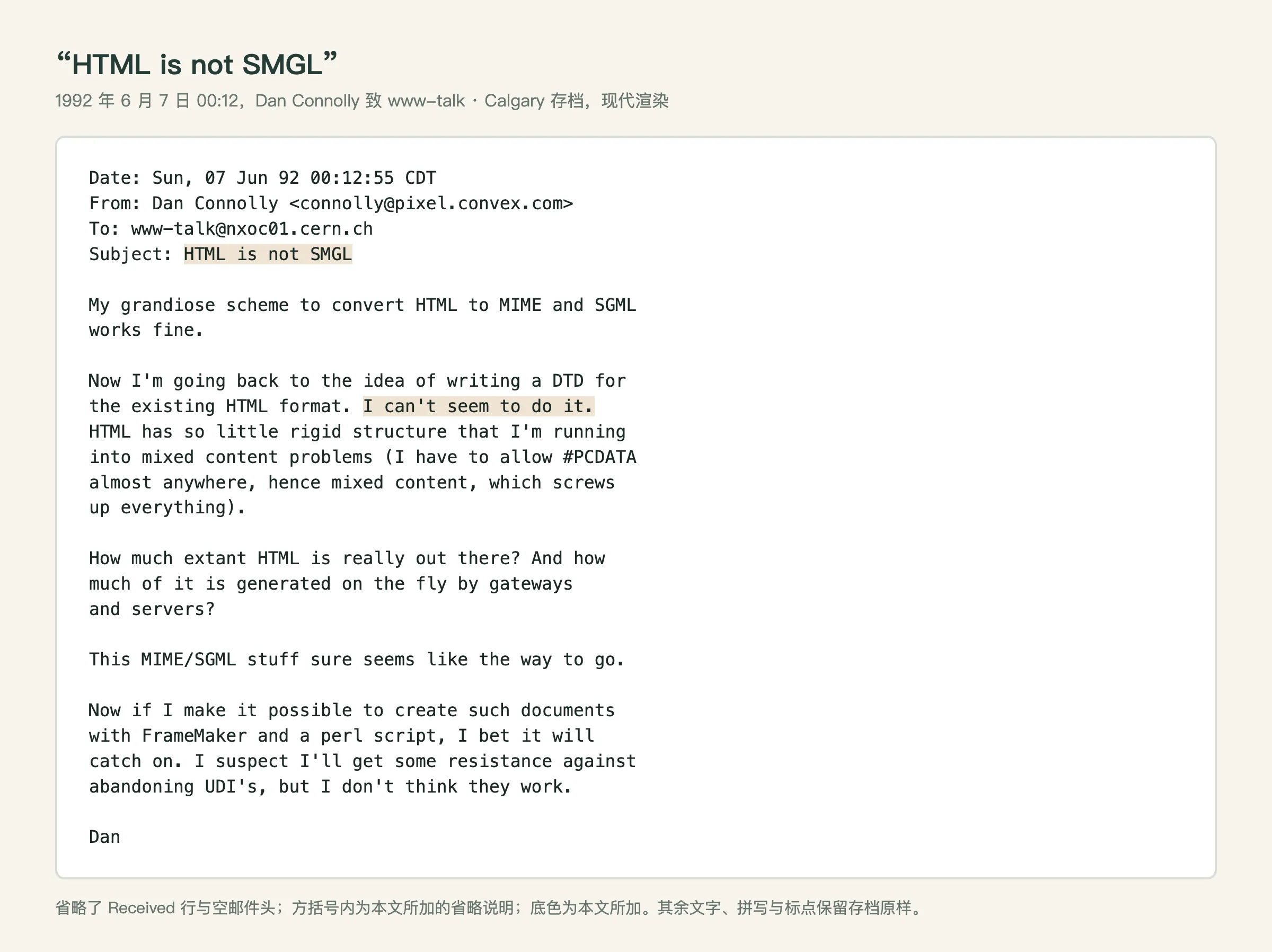 "HTML is not SMGL", 7 June 1992