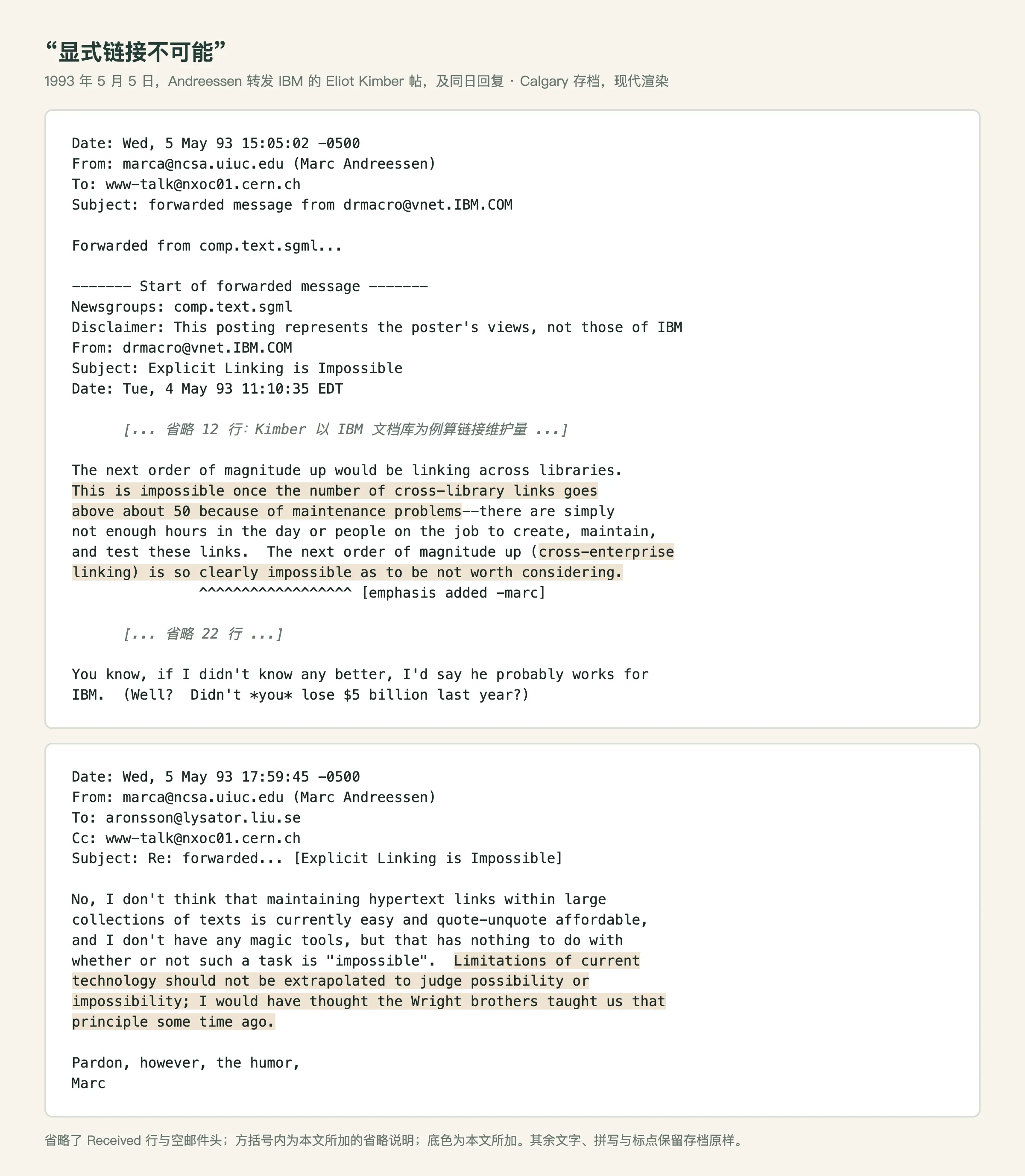 "Explicit Linking is Impossible": Kimber's post and Andreessen's reply, May 1993
